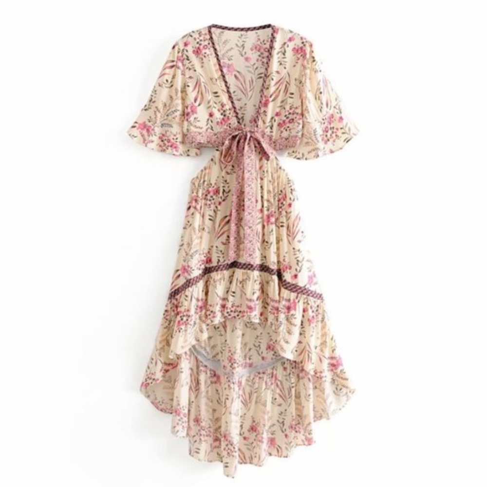 Boho Floral Print Butterfly Sleeve Cut out Midi Dress - Picture 5 of 5